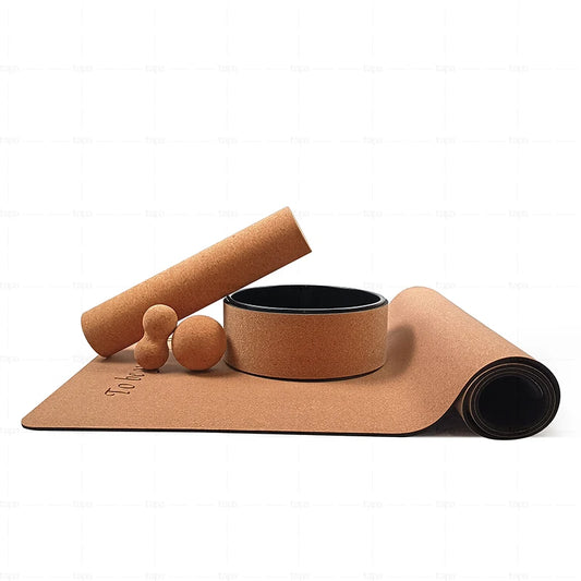 Set de Yoga Écologique en Liège - Tapis + Roue + Balle + Rouleau - Kit Complet Pilates Massage