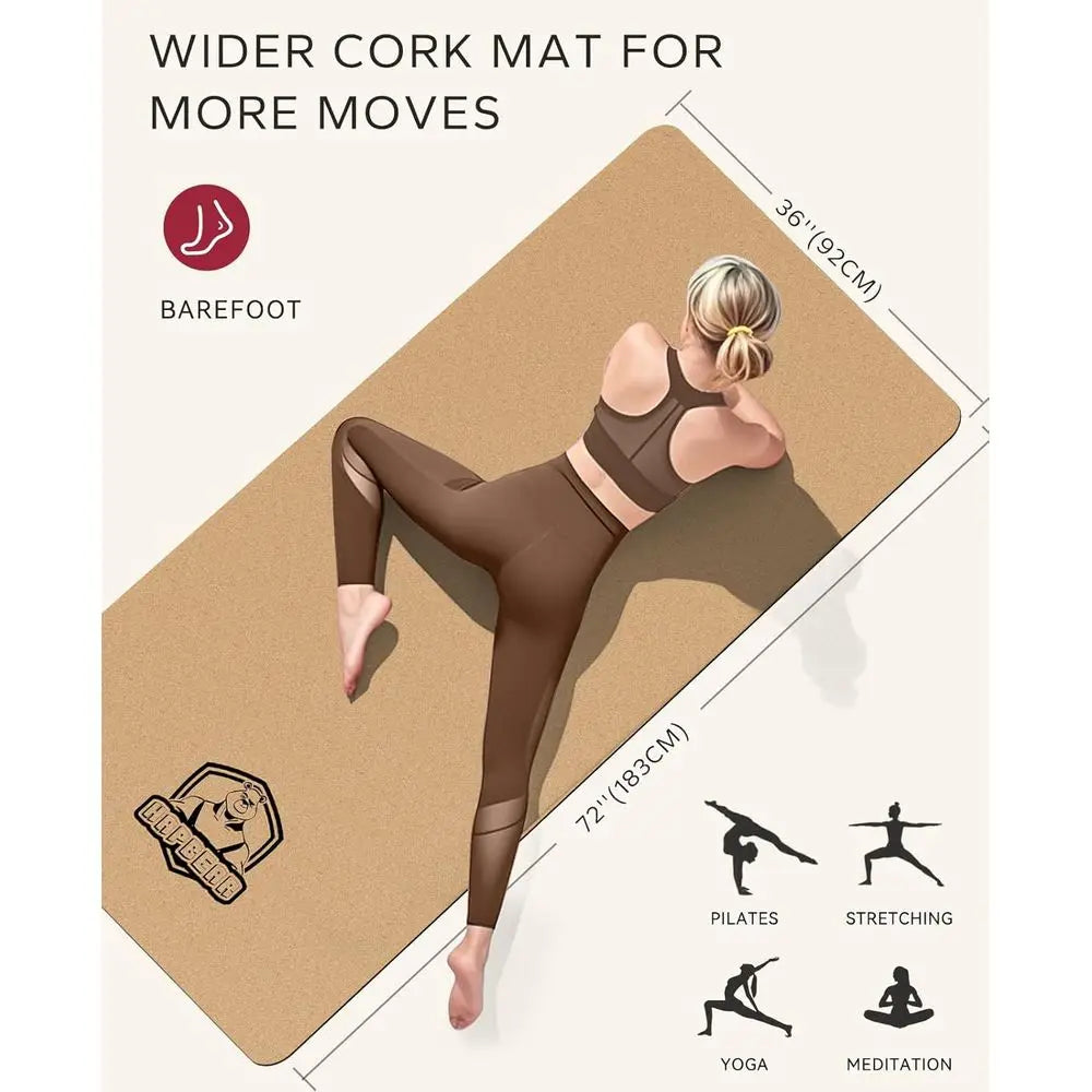 Eco-Friendly 72x36 Cork Yoga Mat with 6mm Cushioning, Non-Slip Surface, and Bonus Accessories
