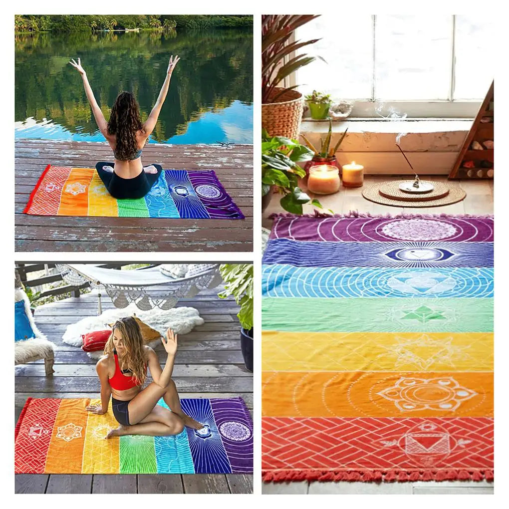 Meditation Yoga Rug Multipurpose Tassel Floor Mat Chakras Sun-proof Shawl Rectangular Colorful Tapestry for Travel