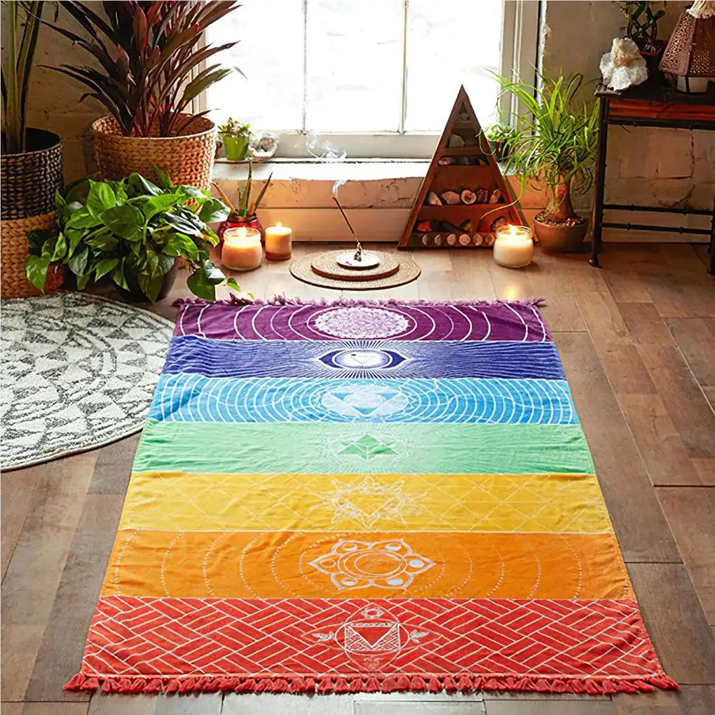 Meditation Yoga Rug Multipurpose Tassel Floor Mat Chakras Sun-proof Shawl Rectangular Colorful Tapestry for Travel