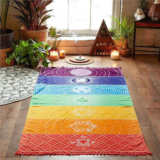 Tapis de Yoga Méditation Multifonction avec Chakras - Tapisserie Rectangulaire Colorée à Pompons - Châle Voyage