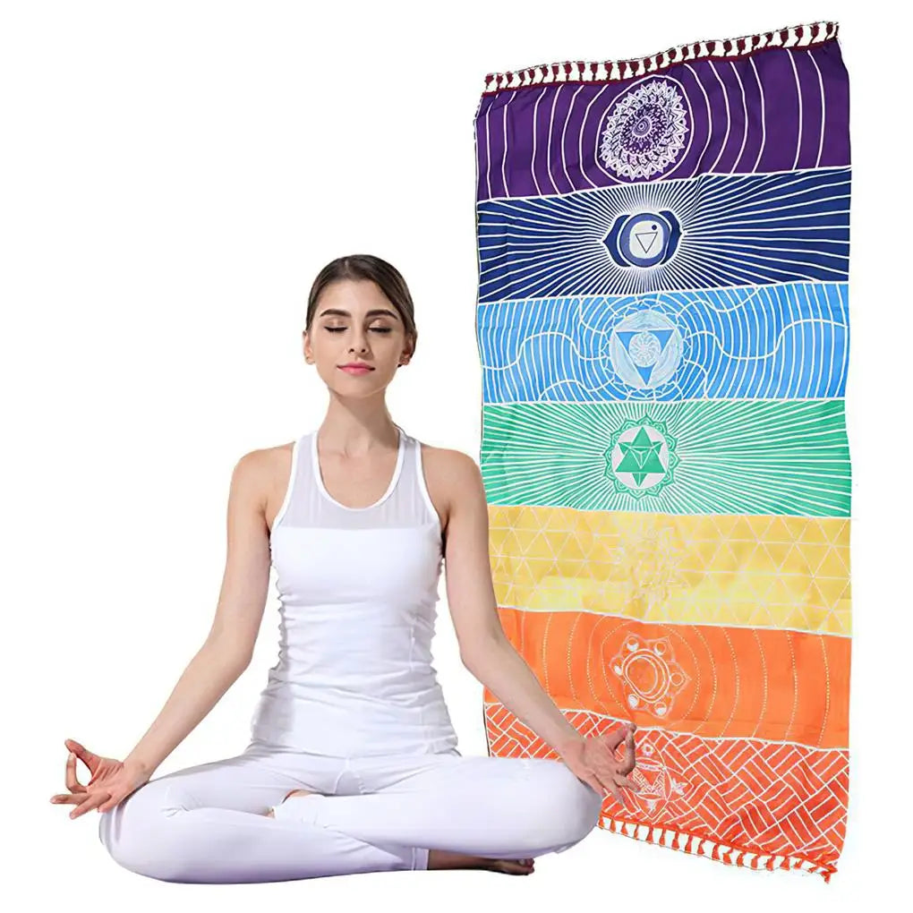 Meditation Yoga Rug Multipurpose Tassel Floor Mat Chakras Sun-proof Shawl Rectangular Colorful Tapestry for Travel